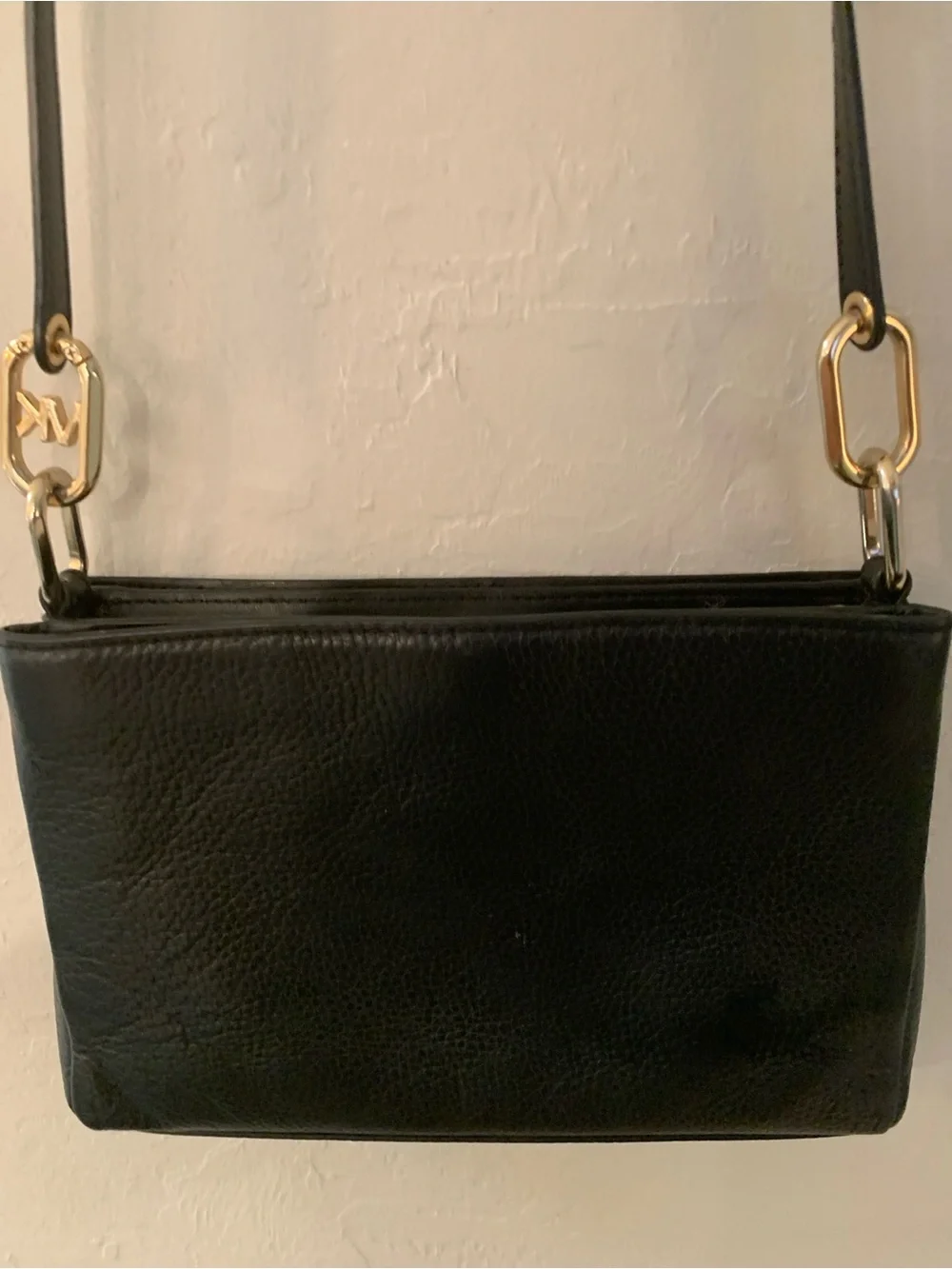 Michael Kors Black Leather Gold-Tone Logo Accent Adjustable  Strap Crossbody